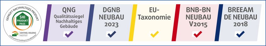 Abbildung SHI-Produktpass - Sentinel geprüfte Nachhaltigkeit  Geprüft und zertifiziert für QNG, DGNB, EU-Taxonomie, BNB, BREEAM